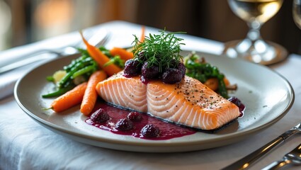 Delectable salmon seafood entr&Atilde;&copy;e offered at a luxurious restaurant on white linen cloth
