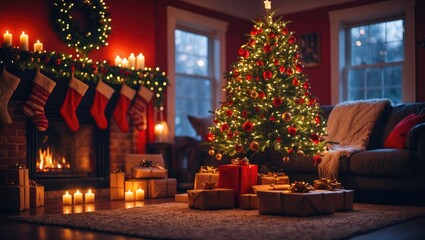Christmas holiday living room scene with a tree and gifts below