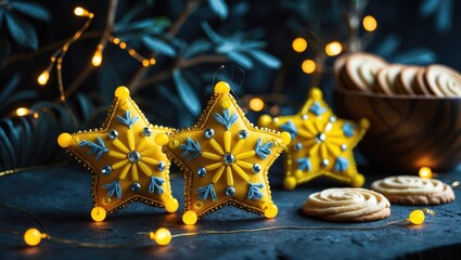Cookies alongside yellow snowflakes featuring embroidery details