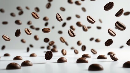 Coffee bean background with flying beans. Descending black espresso grains. Rustic coffee beans dropping on a surface. Represents concepts of breakfast, energy, freshness, or wonderful aroma.