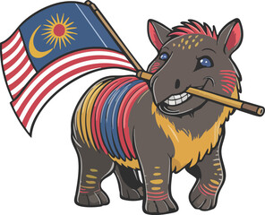 Malaysian Pride Cartoon Hippo Holding Malaysia Flag