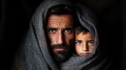 A refugee family huddled together under a blanket, seeking warmth and safety Focuses on humanitarian aid and global connection