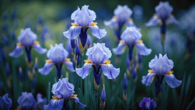 Gentle blue iris flowers situated on a flower bed