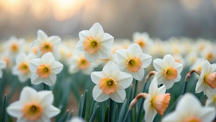 Fototapeta premium Springtime garden scene featuring white narcissus with yellow cores and a sprawling field of daffodils.