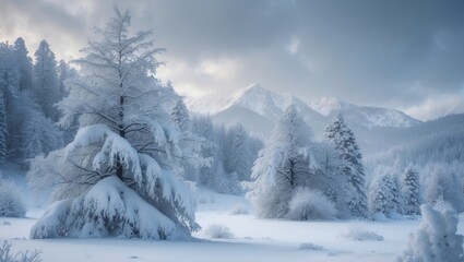 Magical light illuminating a winter landscape with frozen forests and snowy peaks
