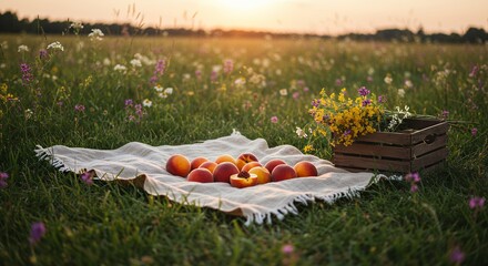 Picnic scene with fresh fruit flowers and linen cloth in a grassy field under sunlight
