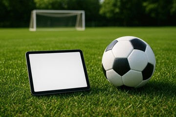 Tablet and Soccer Ball on Green Field Representing Sports Technology, Coaching Apps, or Online Football Resources