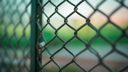 Zoomed-in image of an outdoor chain link fence gate with a green background