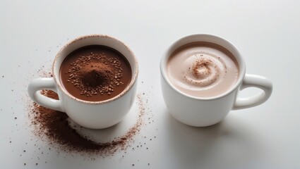 Fototapeta premium Pair of white mugs filled with hot chocolate, featuring chocolate powder and plain, isolated on transparent background, hot drink element