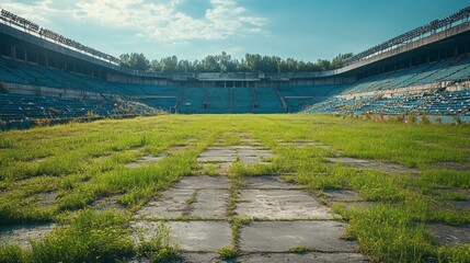 Fototapeta premium An empty sports stadium shows signs of neglect, with overgrown grass covering the field and abandoned seats in disrepair. The once vibrant venue now stands silent and forgotten