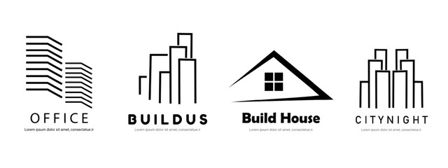 Clean house and city skyline logo for home building and construction branding