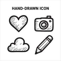 Hand Drawn Icon Set Heart Camera Cloud and Pencil Vector Art