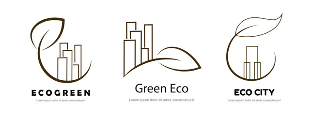 Leaf integrated cityscape logo for eco-friendly architecture and green urban design