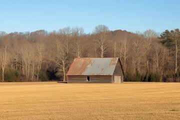 Fototapeta premium Rustic Barn in Sunlit Golden Meadow Surrounded by Trees