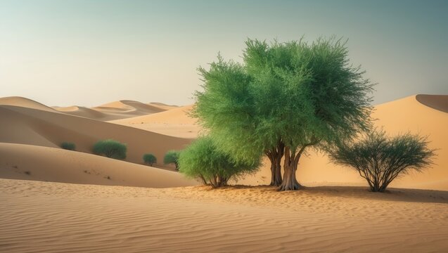 Desert sand dunes host drought-resistant Ghaf trees which help fight desertification.