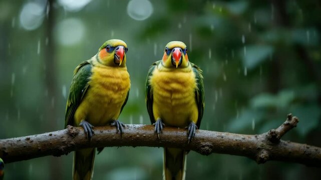 Two vibrant parrots share a moment under gentle rain, showcasing nature's beauty and connection among wildlife.