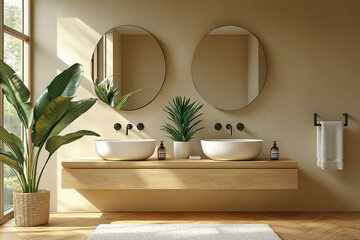 Salle de bain design avec double vasque moderne et meuble en bois clair, ambiance naturelle lumineuse et décoration végétale