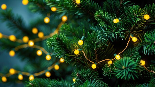 Zoomed-in perspective of an artificial green tree's branches illuminated by yellow lights. Celebration background