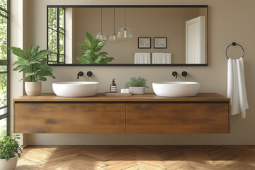 Salle de bain design avec double vasque moderne et meuble en bois clair, ambiance naturelle lumineuse et décoration végétale
