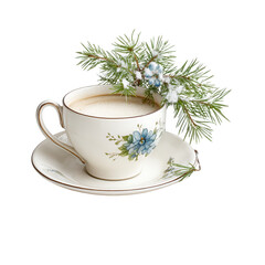 Fototapeta premium A cup of creamy beverage is presented with snowy pine branch decoration