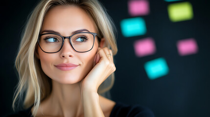 Woman With Glasses Thoughtfully Considering Ideas During a Brainstorming Session in a Creative Workspace With Sticky Notes on the Wall