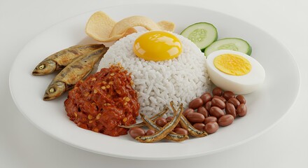 A plate of Nasi Lemak with sambal, fried anchovies, boiled egg, cucumber, and peanuts on a white background