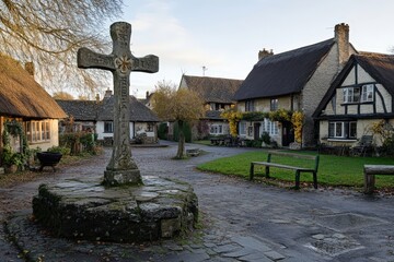 Historic Stone Market Cross in Quaint Village Square with Thatched Cottages