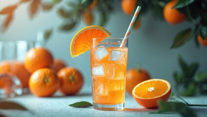 Savory orange soda water on tabletop. Placeholder for text