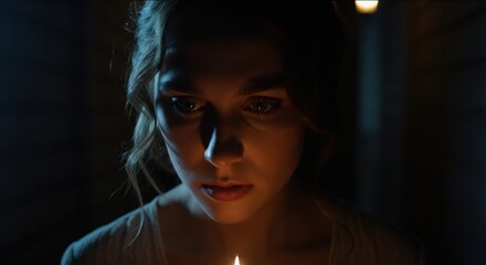 Young caucasian female gazing at candle in soft light
