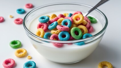 Children's cereal loops with spoon in milk isolated on white