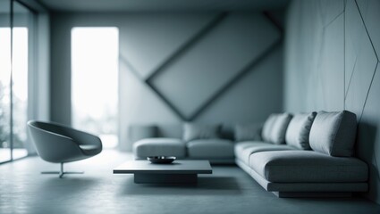 Hazy Background of Trendy Minimalist Room Highlighting Geometric Wall Features and Sophisticated Furniture