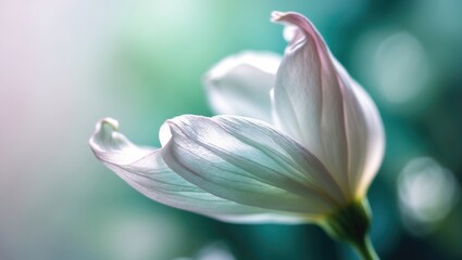 Fototapeta premium Intimate shot of flower petal, featuring white and teal hues, serene dreamlike picture