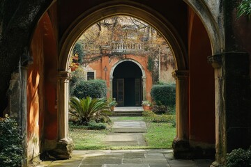 Fototapeta premium Weathered Gothic Archway Framing Ancient Cloister Garden Courtyard