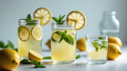Transparent glass containing lemon detox water set against a white background.