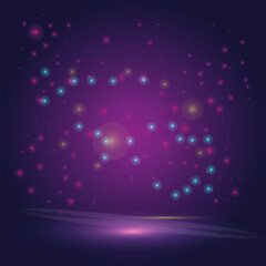 Empty background scene with spotlights and neon sparkling confetti. Show stage backdrop with spotlight effect. Motion futuristic background with particles. Vector EPS10.