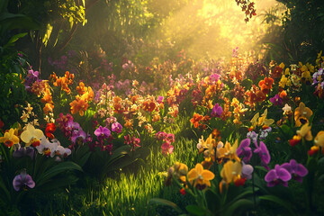 Obraz premium Radiant path through a vibrant orchid garden.