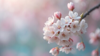 White cherry blossoms delicately blooming. Romance meets nature. Pastel tones setting the mood.