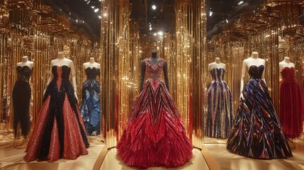 Fototapeta premium Gowns with intricate beadwork displayed on mannequins surrounded by a golden stage