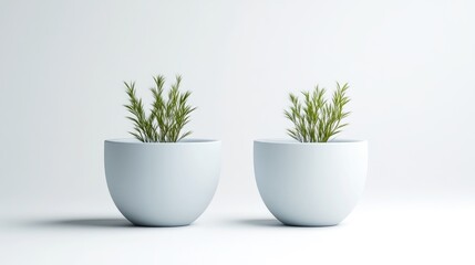 Fototapeta premium Plants in Modern Bowls Minimalist Style High Resolution Photography Symmetrical Arrangement Simple Design Peaceful Scene White Background Serene Mood Ideal for Home Decor