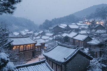 Snow-Covered Stone Village with Warm Lights at Twilight