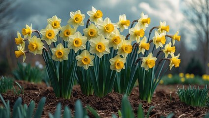 Obraz premium In the garden, double yellow daffodils grow and blossom