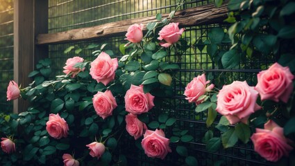 Mesh fence adorned with climbing pink roses