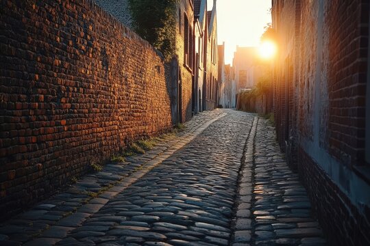 Cobblestone Alley Along Canal at Sunset in Historic Bruges, Belgium - Powered by Adobe