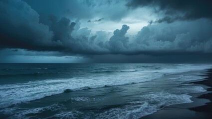 Obraz premium Foamy waves on ocean water beneath dark blue clouds before the storm