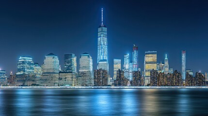 Obraz premium Illuminated Skyscrapers And Buildings Reflecting Upon Water At Night