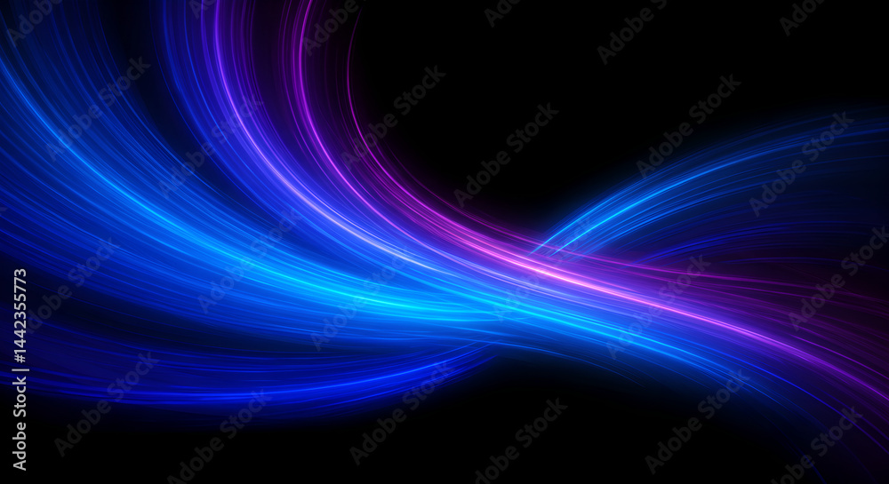 Poster flowing blue and purple light trails on dark abstract background. dynamic energy wave pattern or dat