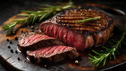 Juicy medium-cut Beef Rib Eye steak slices in pan on wooden board with herbs and spices
