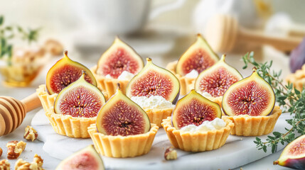 Assorted golden mini tartlets with fresh figs and cream for dessert catering
