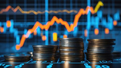 Composite image showing stacks of coins against a backdrop of financial graphs.