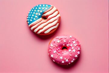 Little american flag stuck in donuts on pink background Photo